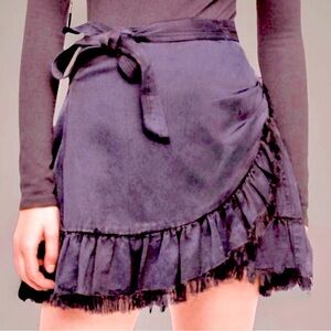 Free People One Tuxedo Faux Wrap Asymmetrical Ruffled Hem Tie Waist Mini Skirt 6